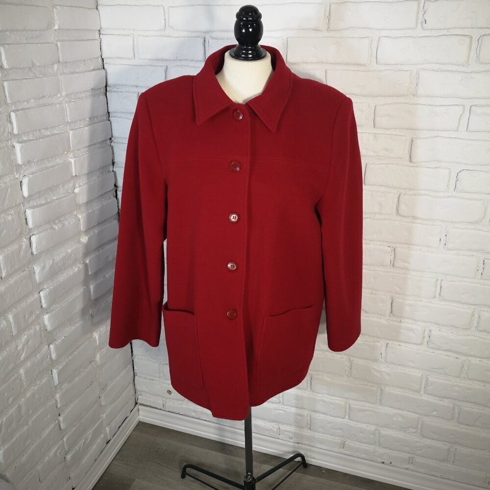 Hechter Ladies Size 14 Red Lined Wool/Cashmere Blend Button Front Pea Coat